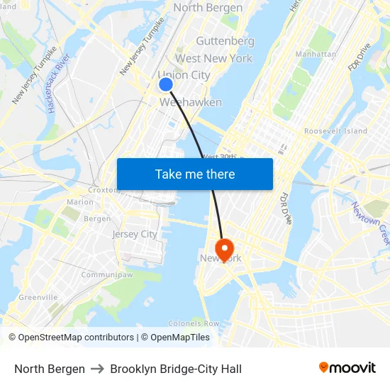 North Bergen to Brooklyn Bridge-City Hall map