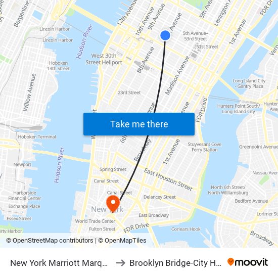 New York Marriott Marquis to Brooklyn Bridge-City Hall map