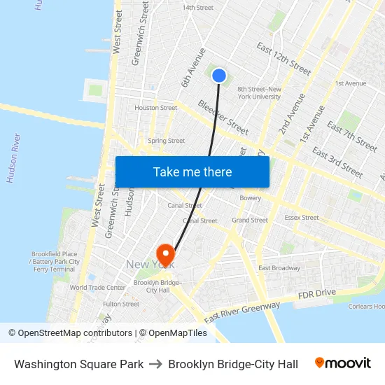 Washington Square Park to Brooklyn Bridge-City Hall map