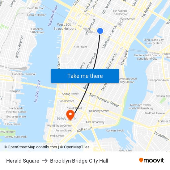 Herald Square to Brooklyn Bridge-City Hall map