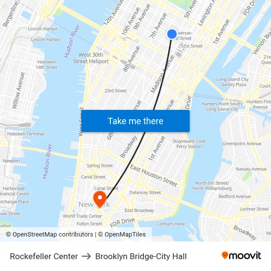 Rockefeller Center to Brooklyn Bridge-City Hall map