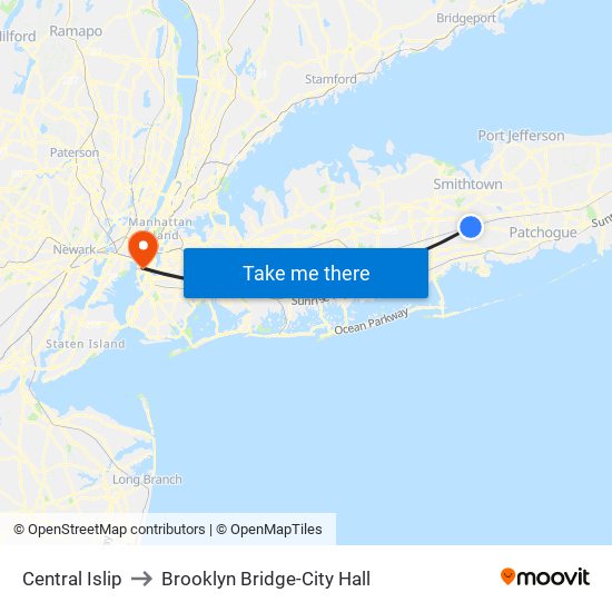 Central Islip to Brooklyn Bridge-City Hall map