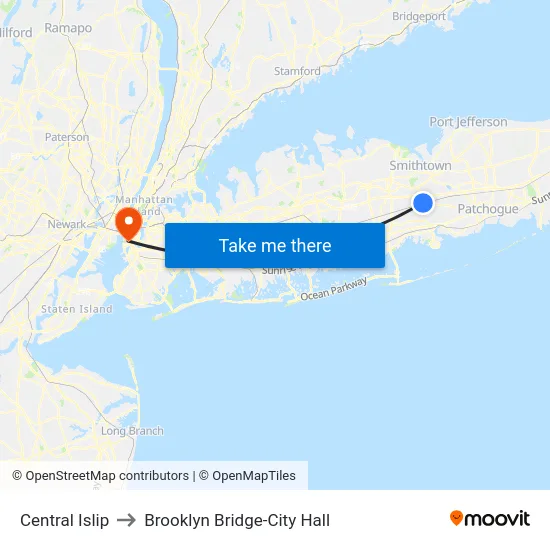 Central Islip to Brooklyn Bridge-City Hall map
