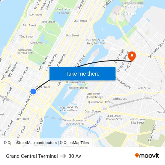 Grand Central Terminal to 30 Av map