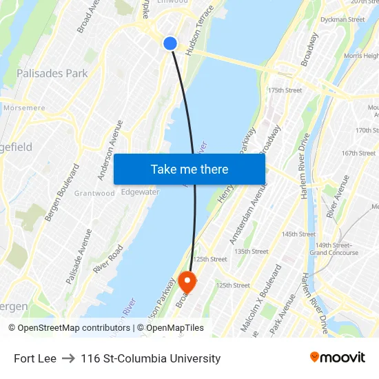 Fort Lee to 116 St-Columbia University map