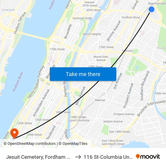 Jesuit Cemetery, Fordham University to 116 St-Columbia University map