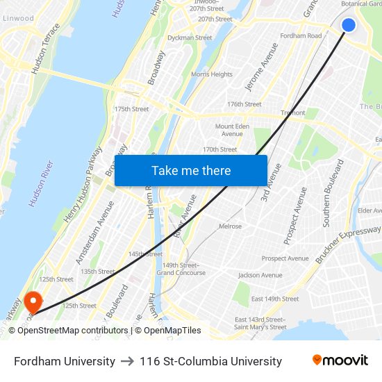 Fordham University to 116 St-Columbia University map