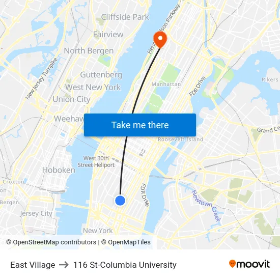 East Village to 116 St-Columbia University map