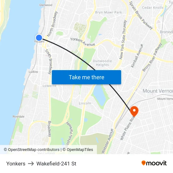 Yonkers to Wakefield-241 St map