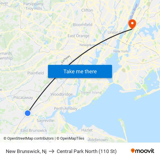 New Brunswick, Nj to Central Park North (110 St) map