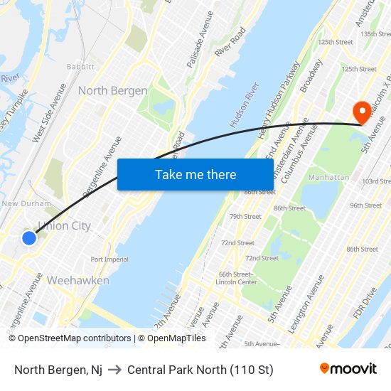 North Bergen, Nj to Central Park North (110 St) map