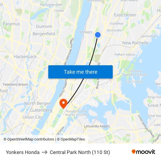 Yonkers Honda to Central Park North (110 St) map