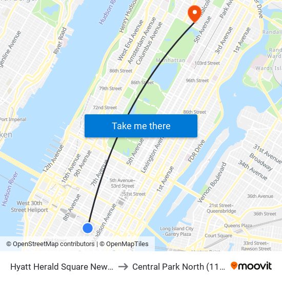 Hyatt Herald Square to Central Park North (110 St) map