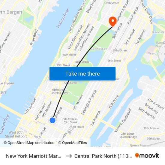 New York Marriott Marquis to Central Park North (110 St) map