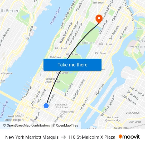 New York Marriott Marquis to 110 St-Malcolm X Plaza map
