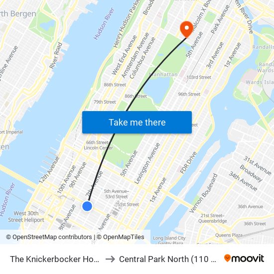 The Knickerbocker Hotel to Central Park North (110 St) map