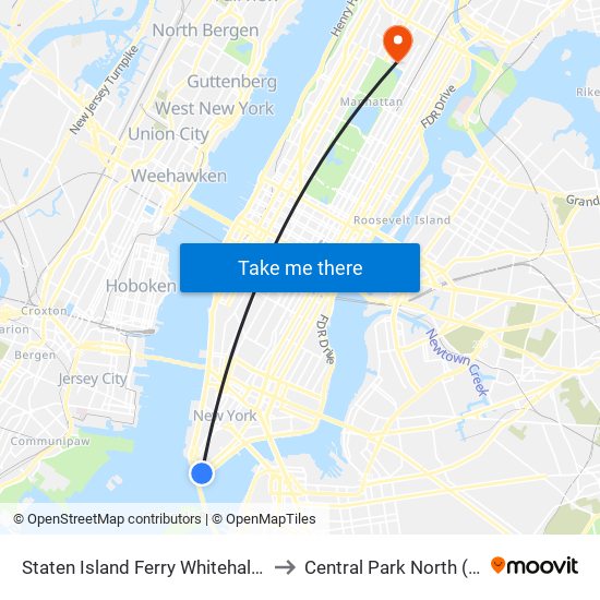 Staten Island Ferry Whitehall Terminal to Central Park North (110 St) map