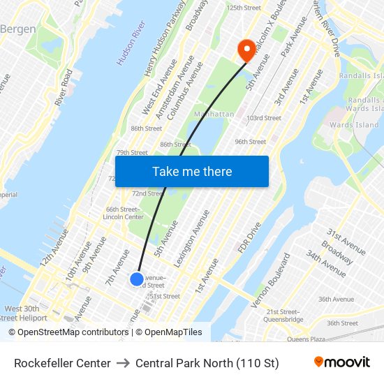 Rockefeller Center to Central Park North (110 St) map