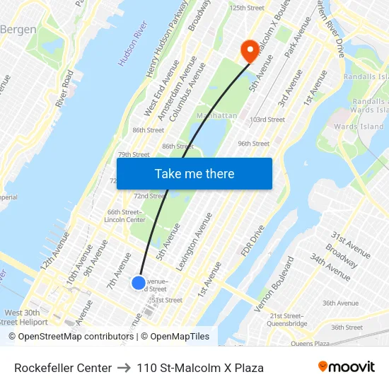 Rockefeller Center to 110 St-Malcolm X Plaza map