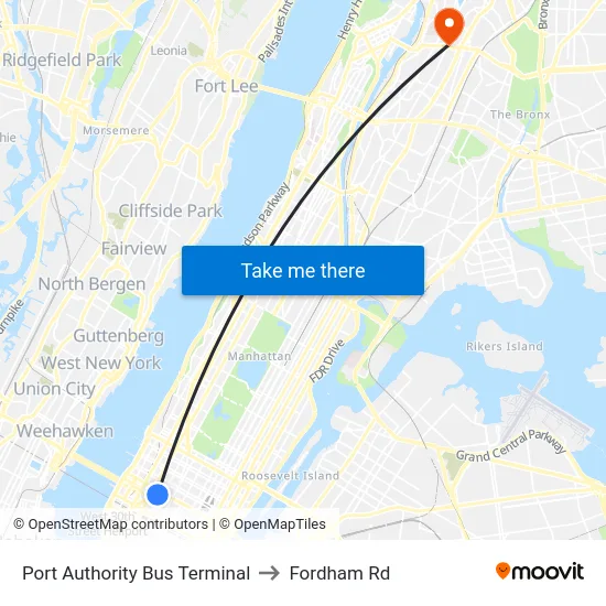 Port Authority Bus Terminal to Fordham Rd map