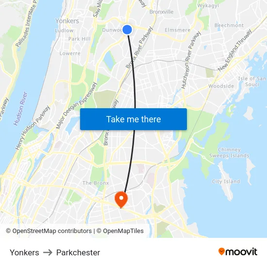 Yonkers to Parkchester map