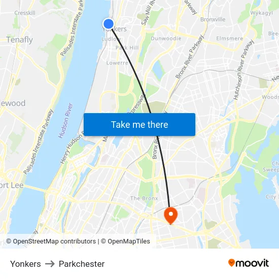 Yonkers to Parkchester map