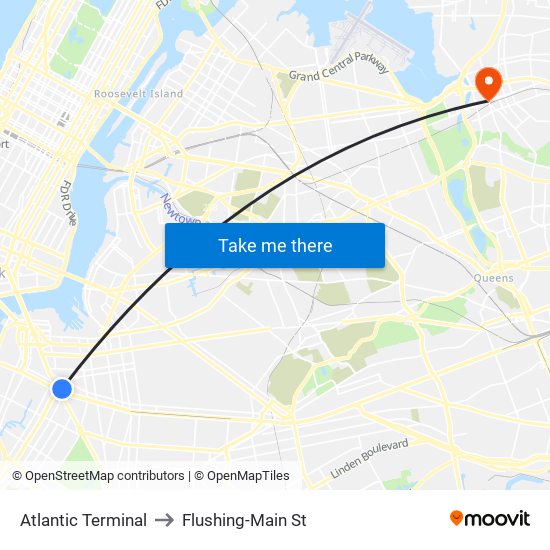 Atlantic Terminal to Flushing-Main St map