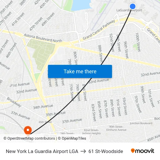 New York La Guardia Airport LGA to 61 St-Woodside map