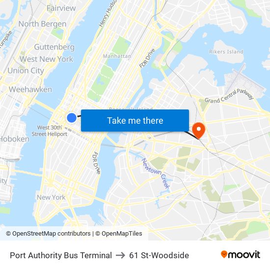 Port Authority Bus Terminal to 61 St-Woodside map