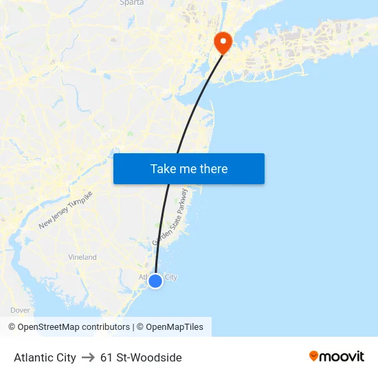 Atlantic City to 61 St-Woodside map