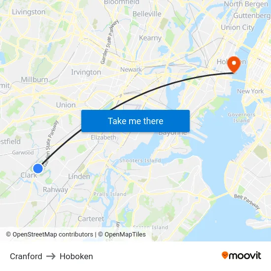Cranford to Hoboken map
