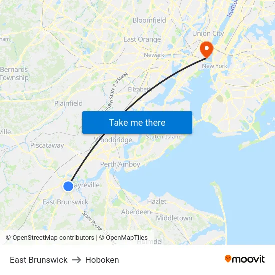 East Brunswick to Hoboken map