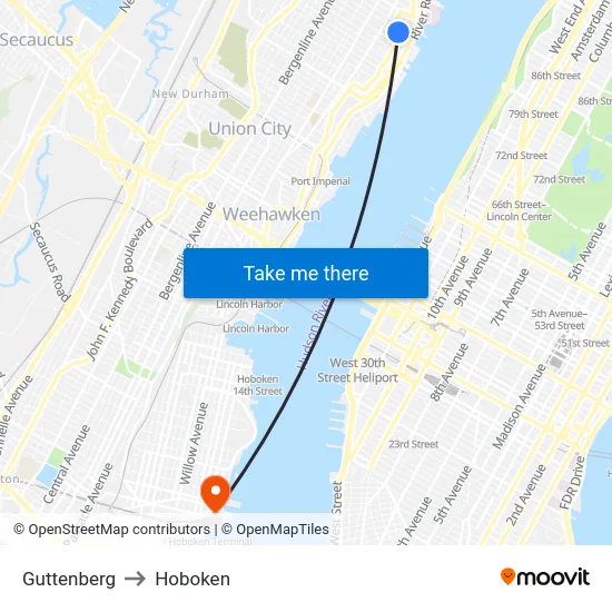 Guttenberg to Hoboken map