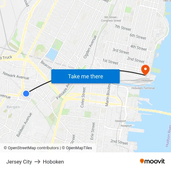 Jersey City to Hoboken map