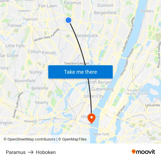 Paramus to Hoboken map