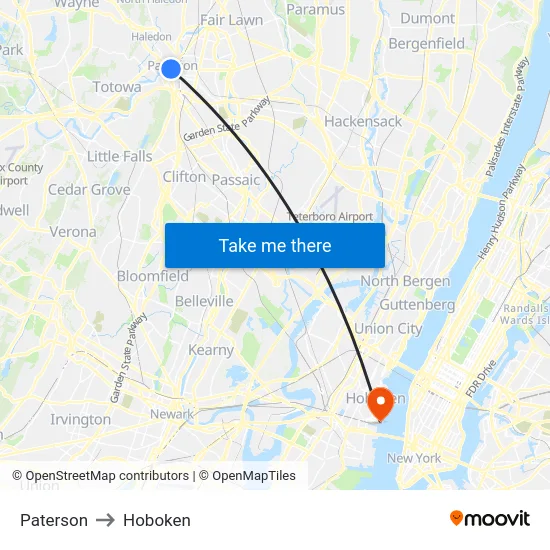 Paterson to Hoboken map