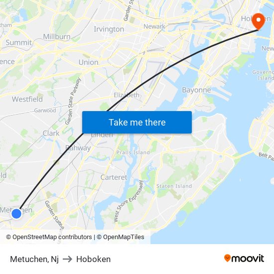 Metuchen, Nj to Hoboken map