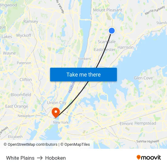 White Plains to Hoboken map