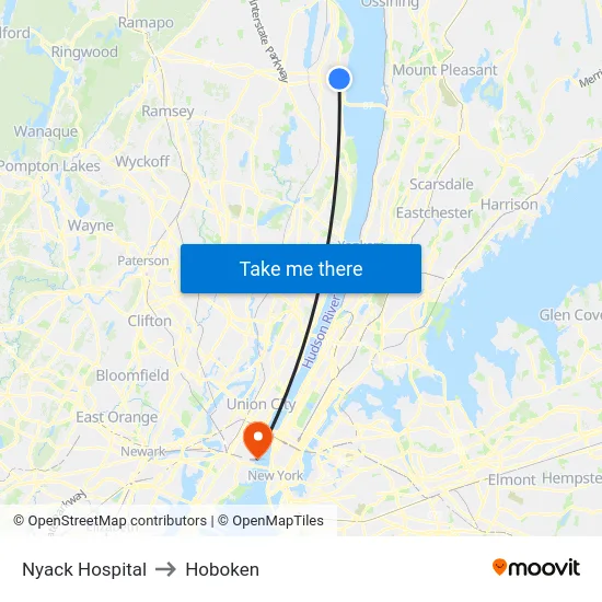 Nyack Hospital to Hoboken map