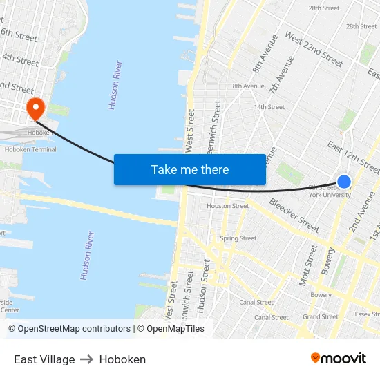 East Village to Hoboken map
