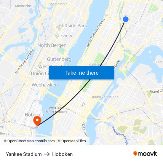 Yankee Stadium to Hoboken map