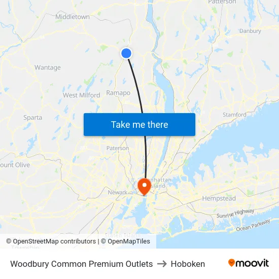 Woodbury Common Premium Outlets to Hoboken map