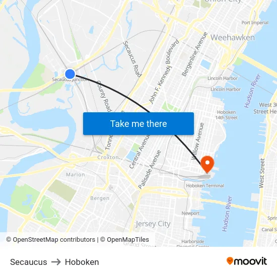 Secaucus to Hoboken map
