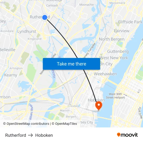 Rutherford to Hoboken map