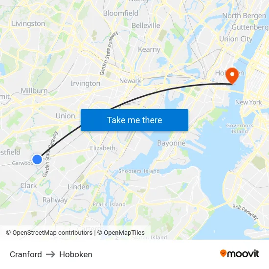 Cranford to Hoboken map