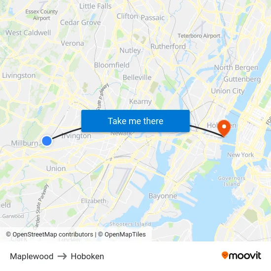 Maplewood to Hoboken map