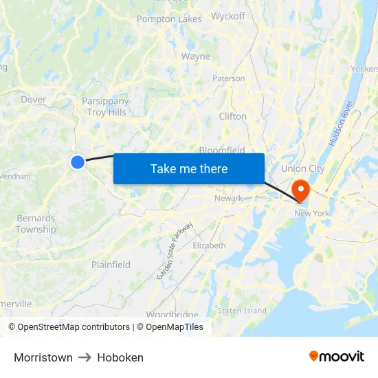 Morristown to Hoboken map