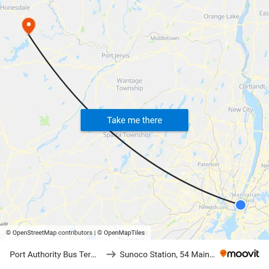 Port Authority Bus Terminal to Sunoco Station, 54 Main Ave map