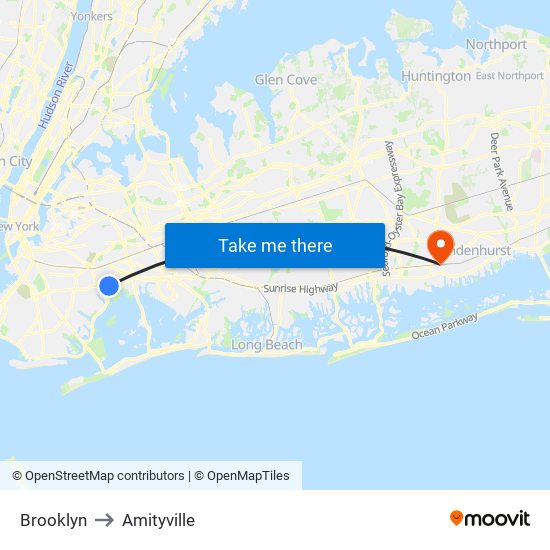 Brooklyn to Amityville map
