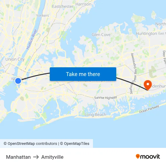 Manhattan to Amityville map
